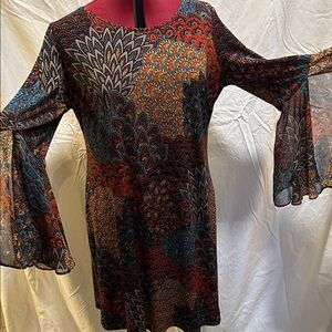 J.B.S. Paisley Bell-Sleeve Tunic Dress — Red, Blue, Gold